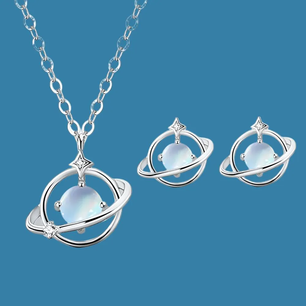 Elegant S925 Sterling Silver Moonstone Saturn Necklace and Earrings Set - Perfect Engagement Gift for Women