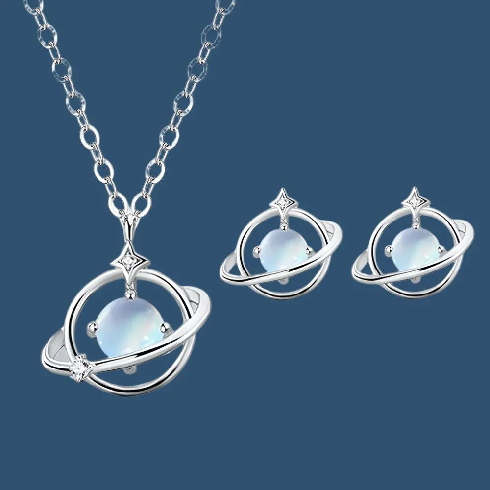 Elegant S925 Sterling Silver Moonstone Saturn Necklace and Earrings Set - Perfect Engagement Gift for Women