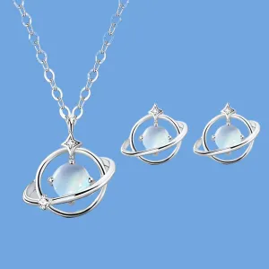 Elegant S925 Sterling Silver Moonstone Saturn Necklace and Earrings Set - Perfect Engagement Gift for Women