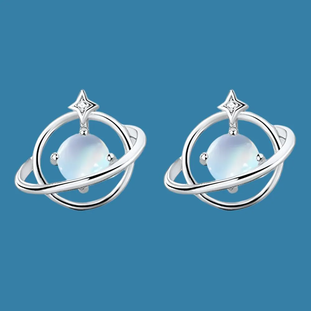 Elegant S925 Sterling Silver Moonstone Saturn Necklace and Earrings Set - Perfect Engagement Gift for Women