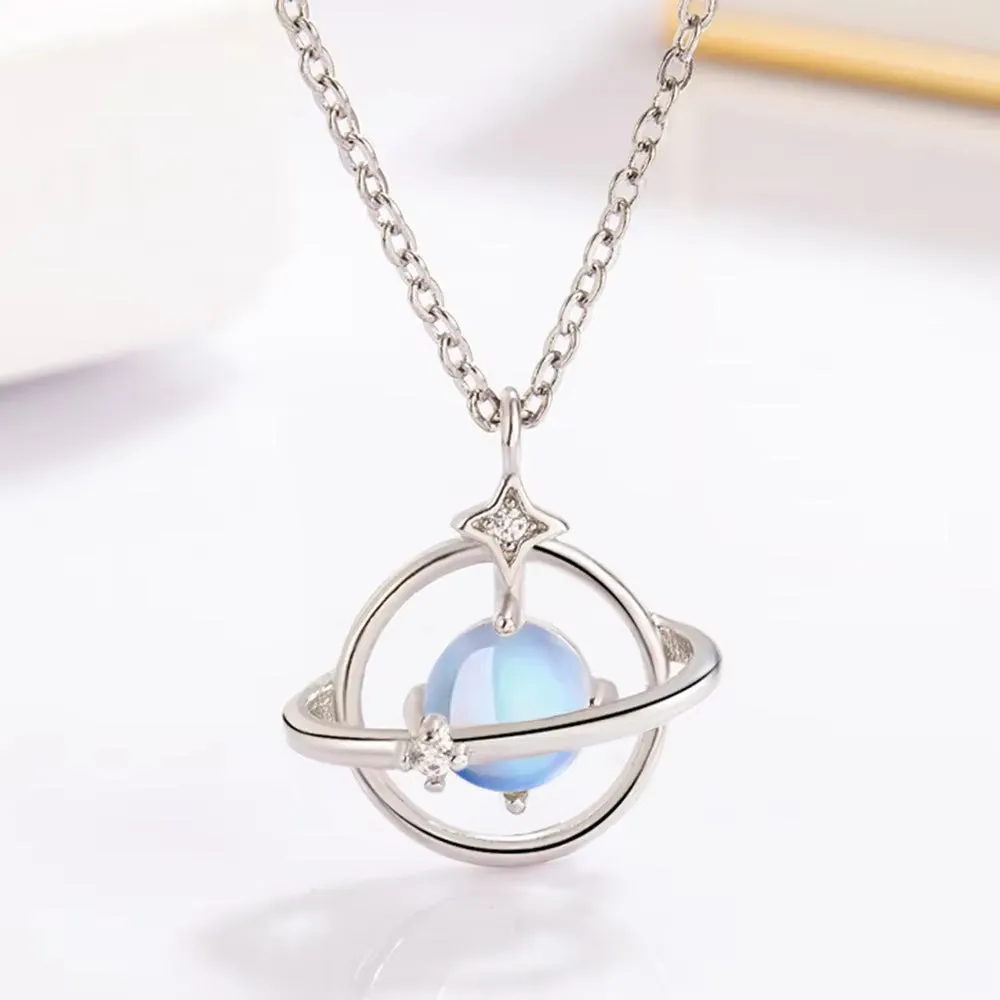 Elegant S925 Sterling Silver Moonstone Saturn Necklace and Earrings Set - Perfect Engagement Gift for Women