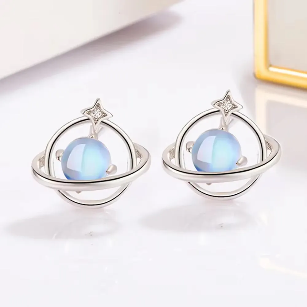 Elegant S925 Sterling Silver Moonstone Saturn Necklace and Earrings Set - Perfect Engagement Gift for Women