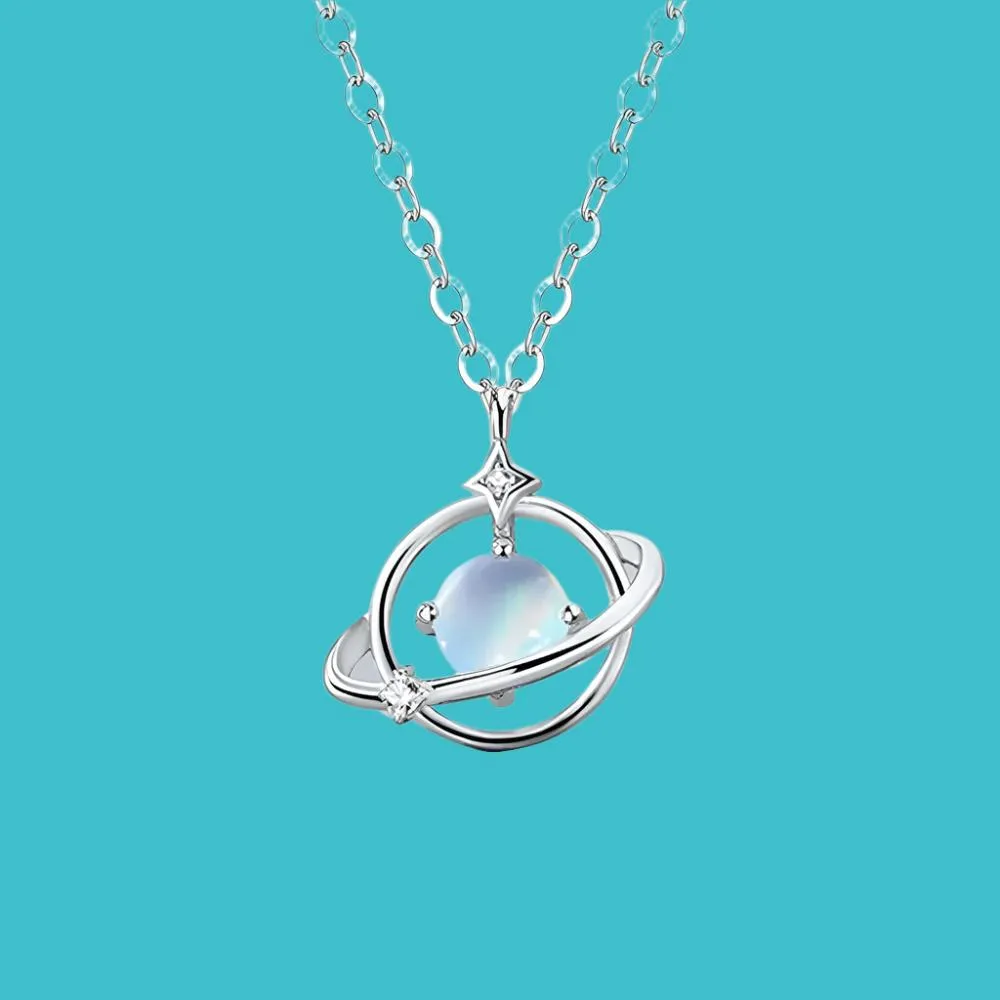 Elegant S925 Sterling Silver Moonstone Saturn Necklace and Earrings Set - Perfect Engagement Gift for Women