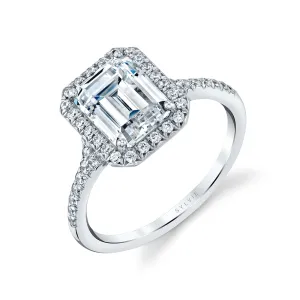 Emerald Cut Halo Engagement Ring - Alexandra Platinum White