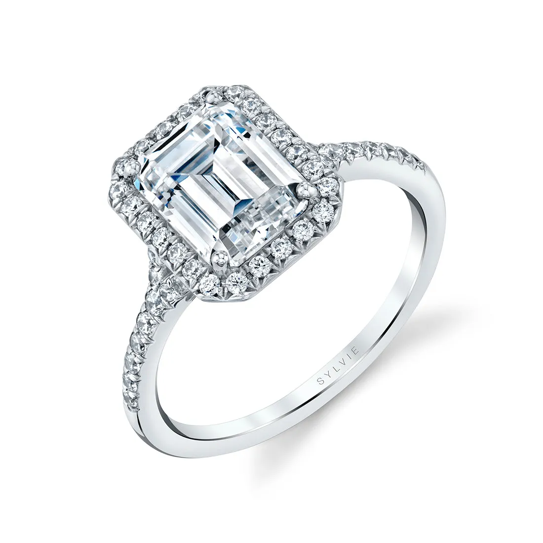 Emerald Cut Halo Engagement Ring - Alexandra Platinum White