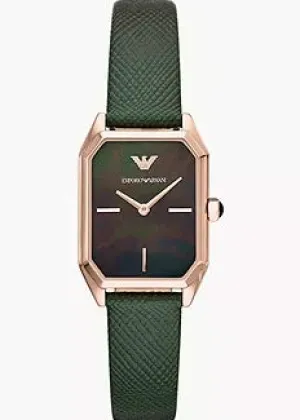 EMPORIO ARMANI GIOIA PEARL DIAL ROSE GOLD CASE GREEN LEATHER AR11149