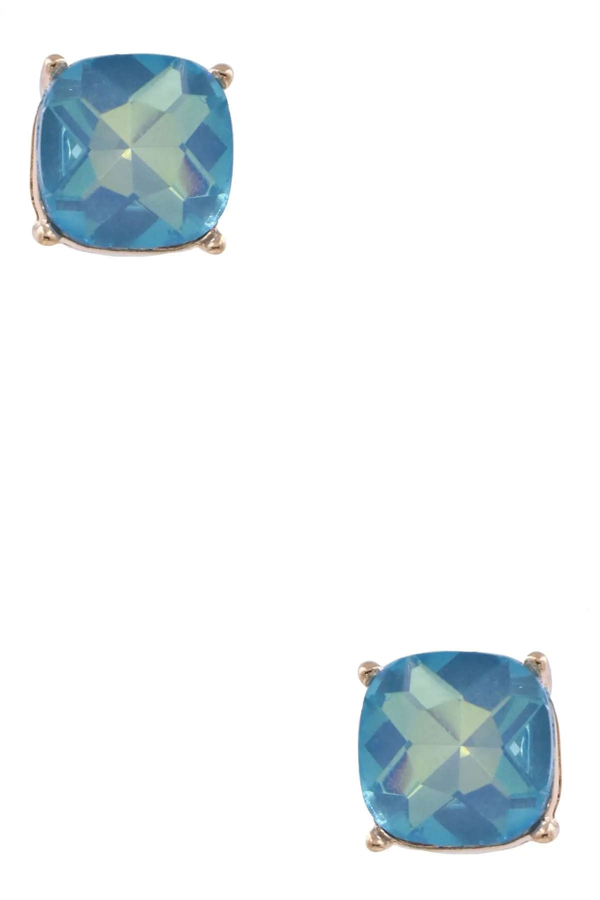 Faceted Glass Square Jewel Statement Stud Earrings- Light Blue