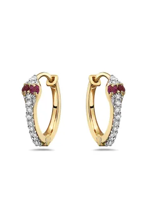 FC Creations Earrings 14K Gold Diamond/Ruby Snake Huggies  | Yellow Gold -  .17 Carats | Clearance Final Sale