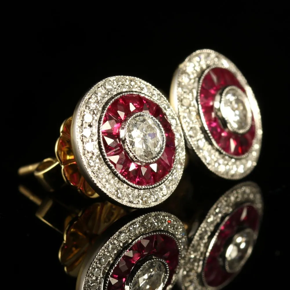 French Cut Ruby And Diamond Earrings 18Ct Gold