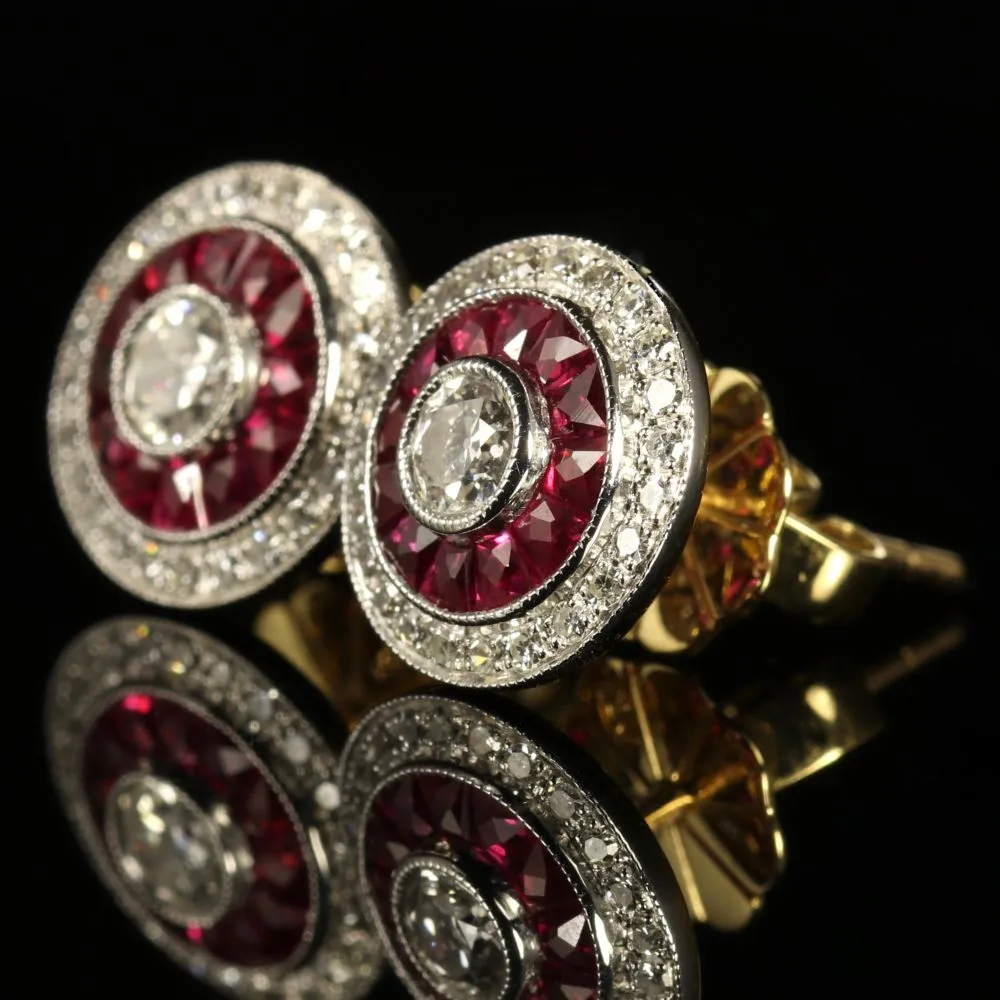 French Cut Ruby And Diamond Earrings 18Ct Gold