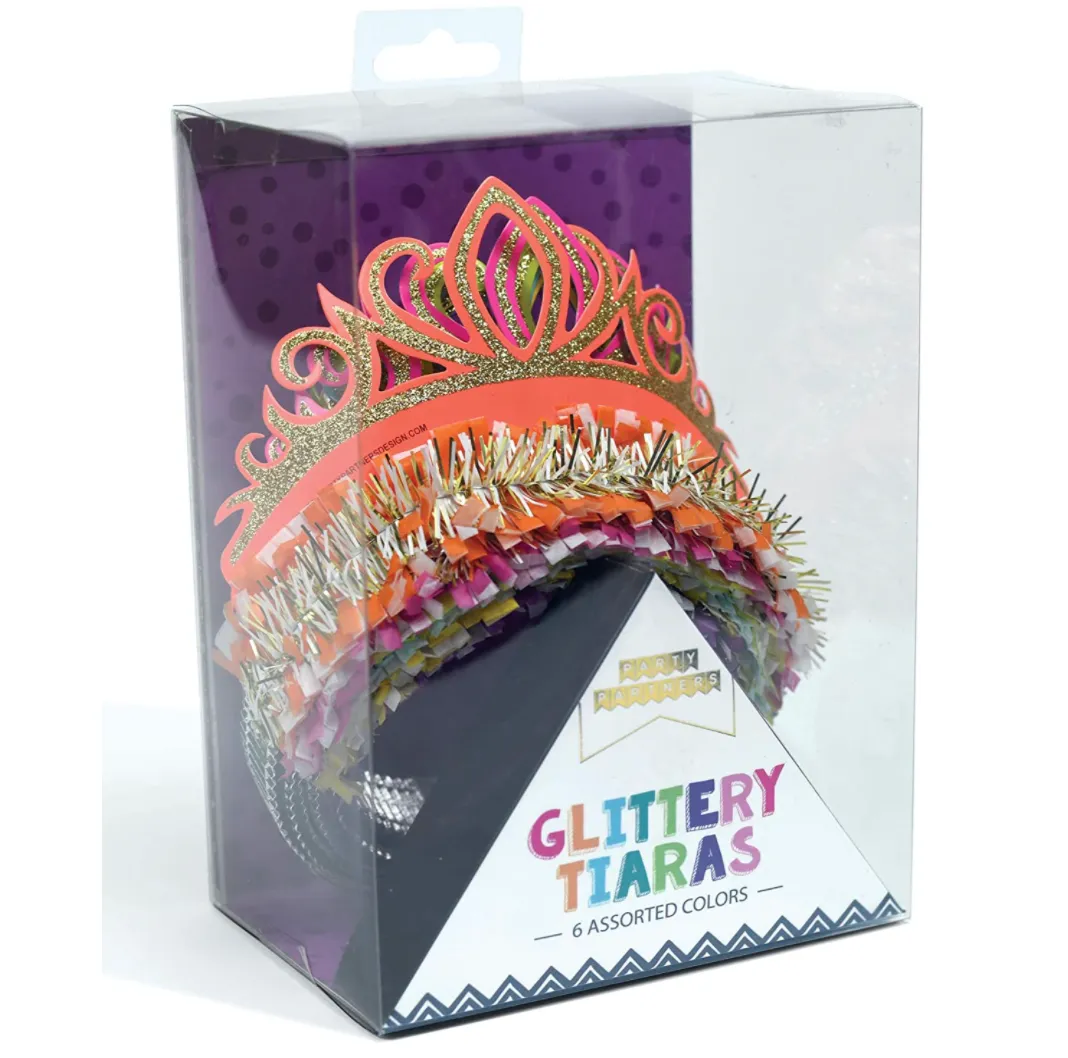 Glitter and Tinsel Tiara Hats – Assorted Colors – Set of 6