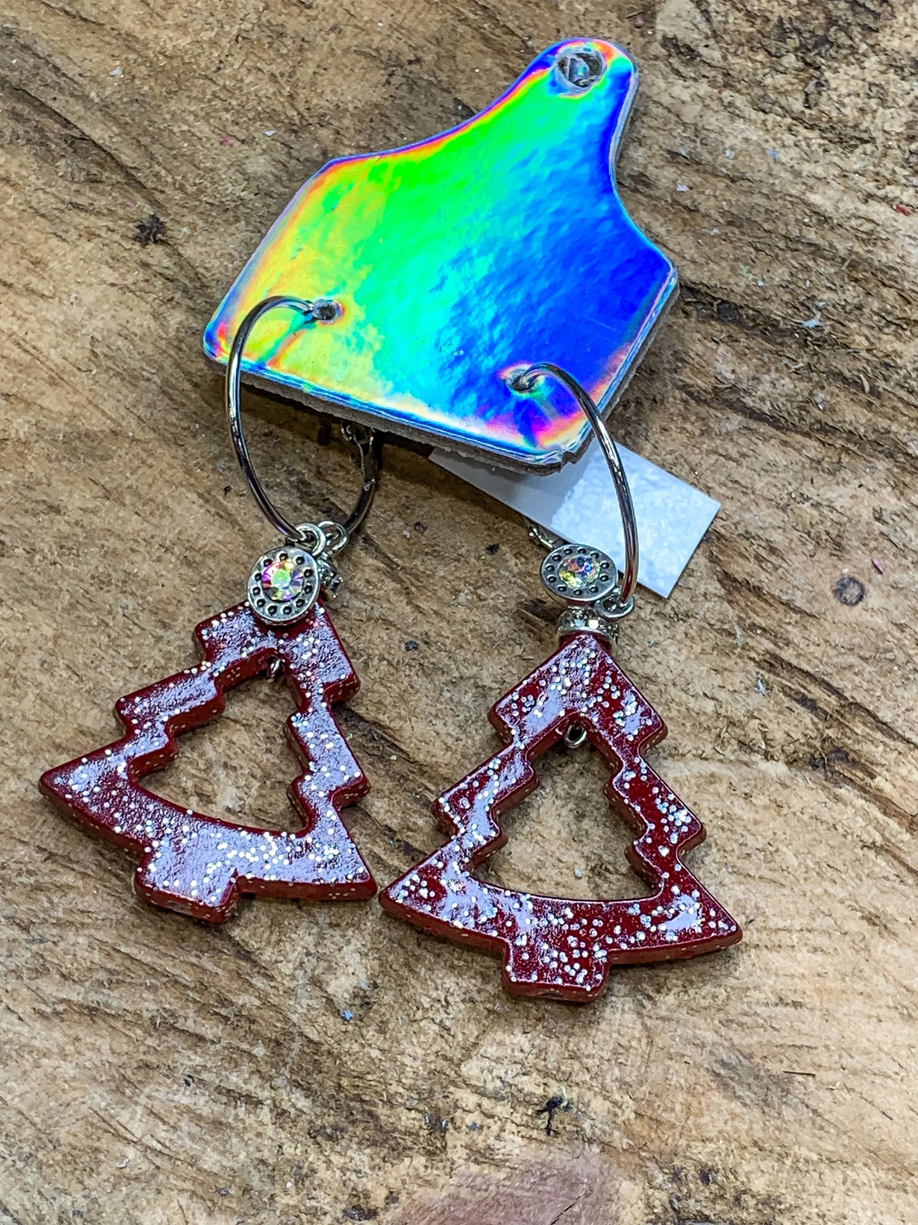 Glittered Christmas Tree Hoop Earrings - Red