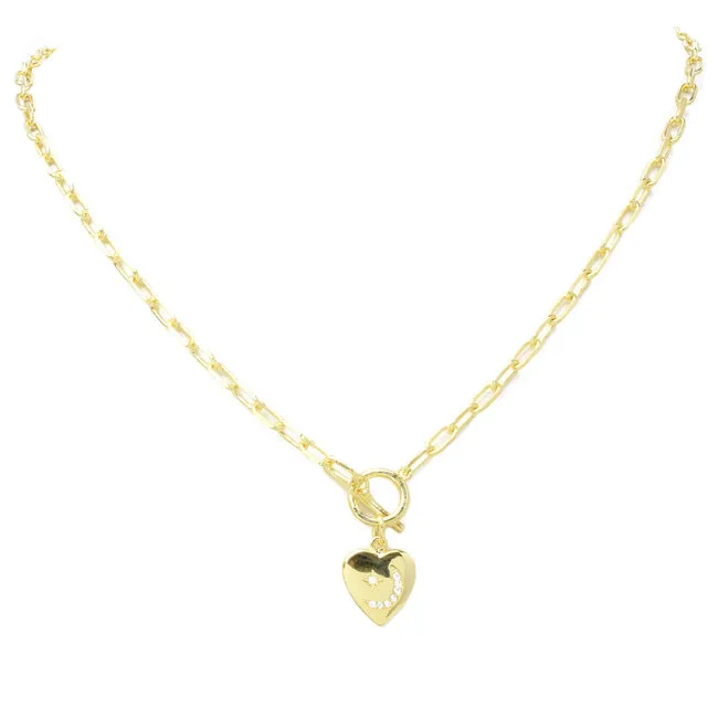 Gold Cubic Zirconia Heart & Moon Linked Pendant Necklace