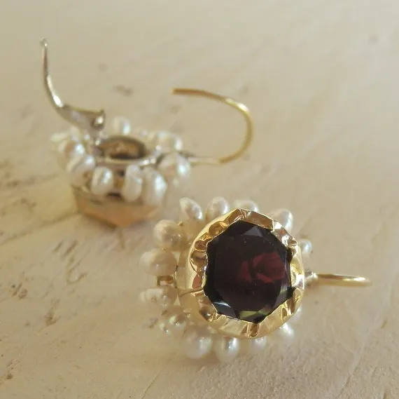 Gold Garnet Pearl Queen Earrings