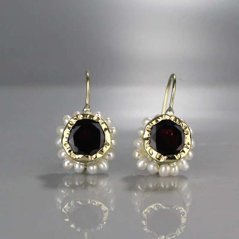 Gold Garnet Pearl Queen Earrings