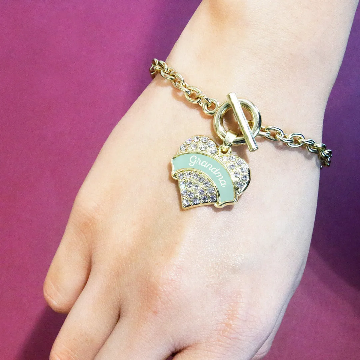 Gold Mint Grandma Pave Heart Charm Toggle Bracelet