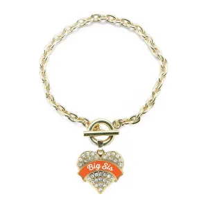 Gold Orange Big Sister Pave Heart Charm Toggle Bracelet