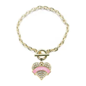 Gold Pink Daughter Pave Heart Charm Toggle Bracelet