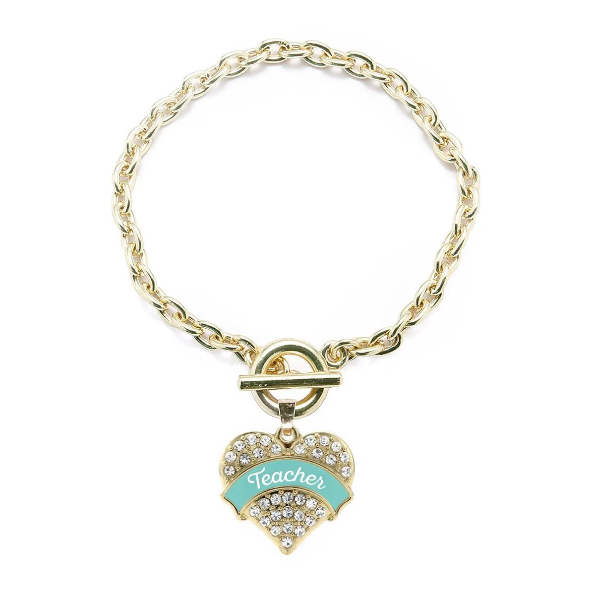 Gold Teal Teacher Pave Heart Charm Toggle Bracelet