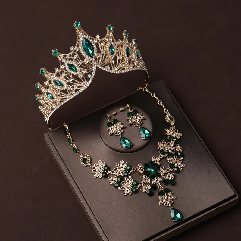 Green diamond crown wedding bride tiara dress necklace three-piece set wedding accessories