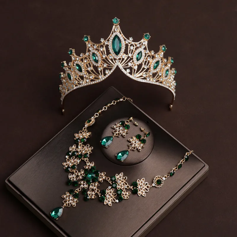 Green diamond crown wedding bride tiara dress necklace three-piece set wedding accessories