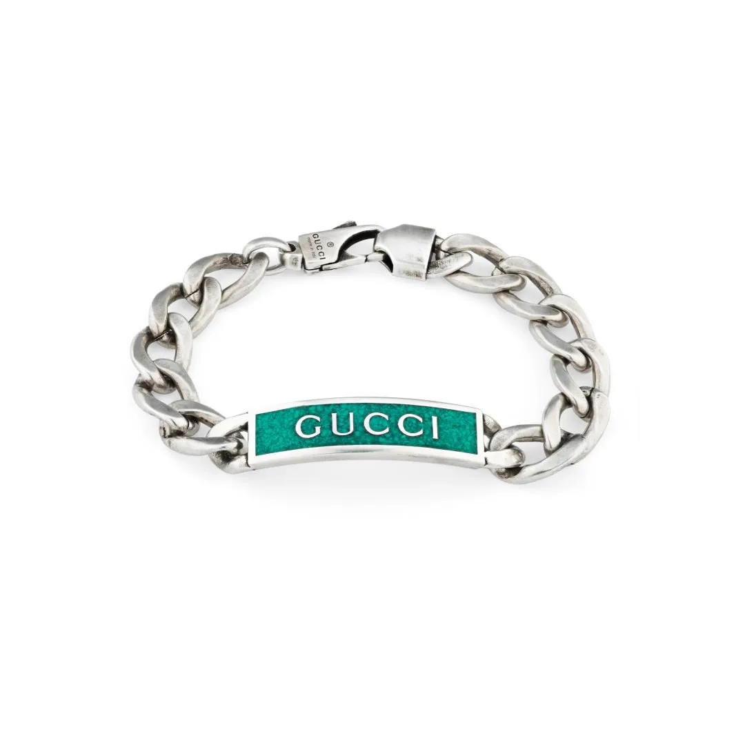 Gucci Sterling Silver and Turquoise Enamel Logo Bracelet