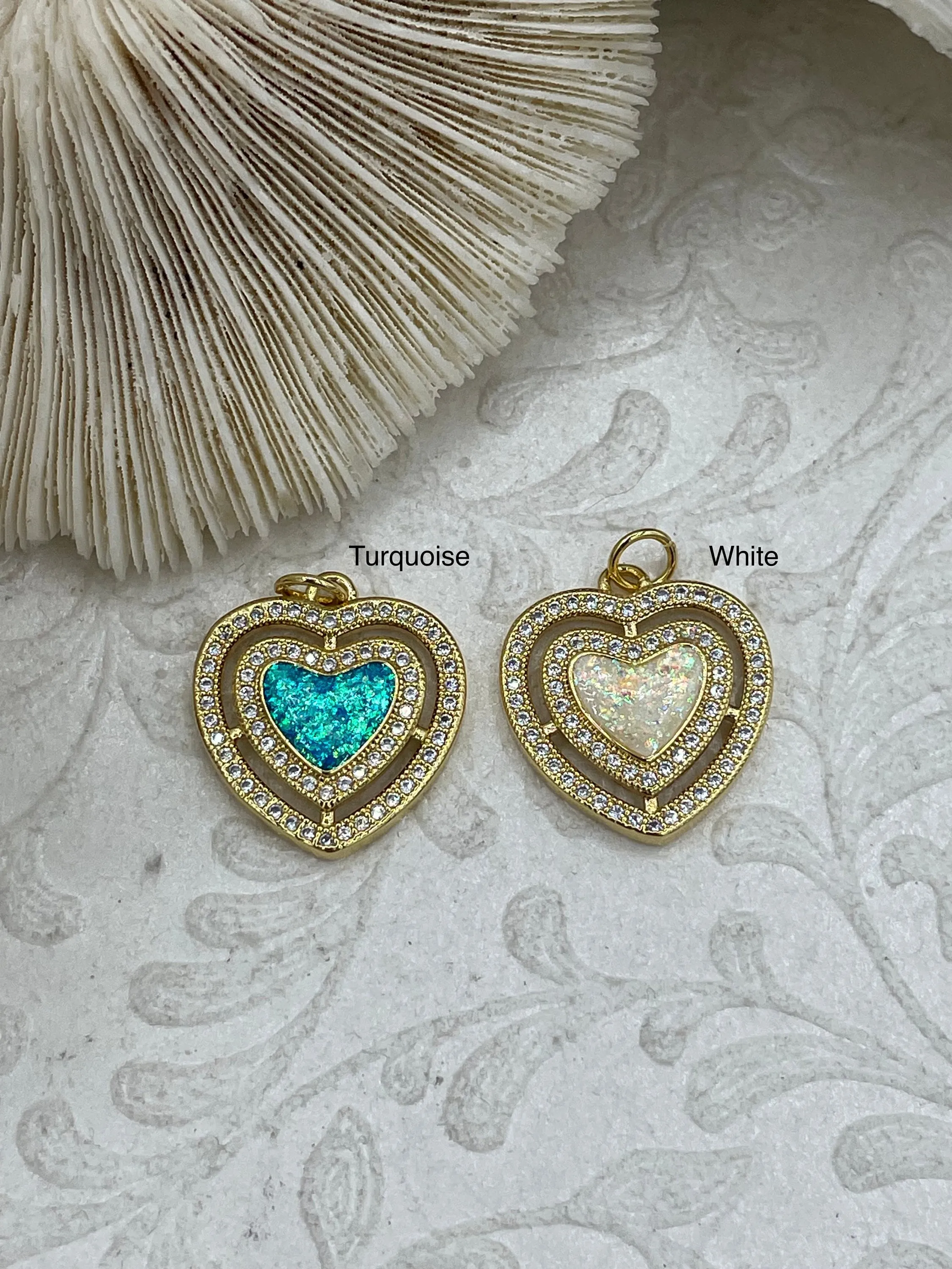 Heart Shaped Glitter Enamel and Gold CZ Pendants, Glitter Enamel and Gold Plated Brass, Cubic Zirconia, 2 Colors, 19mm Charms. Fast Ship.