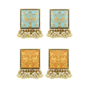 Kairangi Stud Earrings for Women Combo of 2 pairs Green & Yellow Meenakari Moti Design Traditional Stud Earrings for Women and Girls.