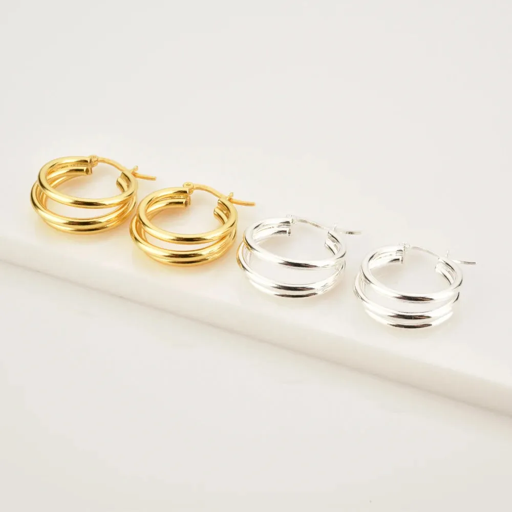 KESLEY Hoop Earrings Chunky Triple Layered Stacked Jewelry Hypoallergenic Sterling Silver and Real Gold Plated