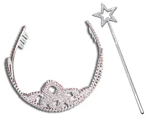 Ladies Girls Silver Tiara & Star End Wand Set - Fairy Princess Angel Xmas Fancy Dress