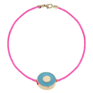 Large Gold Enameled Evil Eye Disk on a Cord Bracelet With Clasp- Turquoise