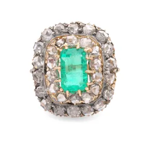 Late Victorian GIA Colombian Emerald Diamond Yellow Gold Cocktail Ring