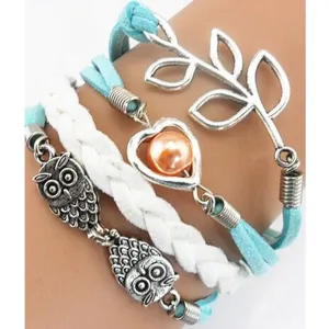 Leaf Owls Pearl Multilayer Leather Bracelet Wristband