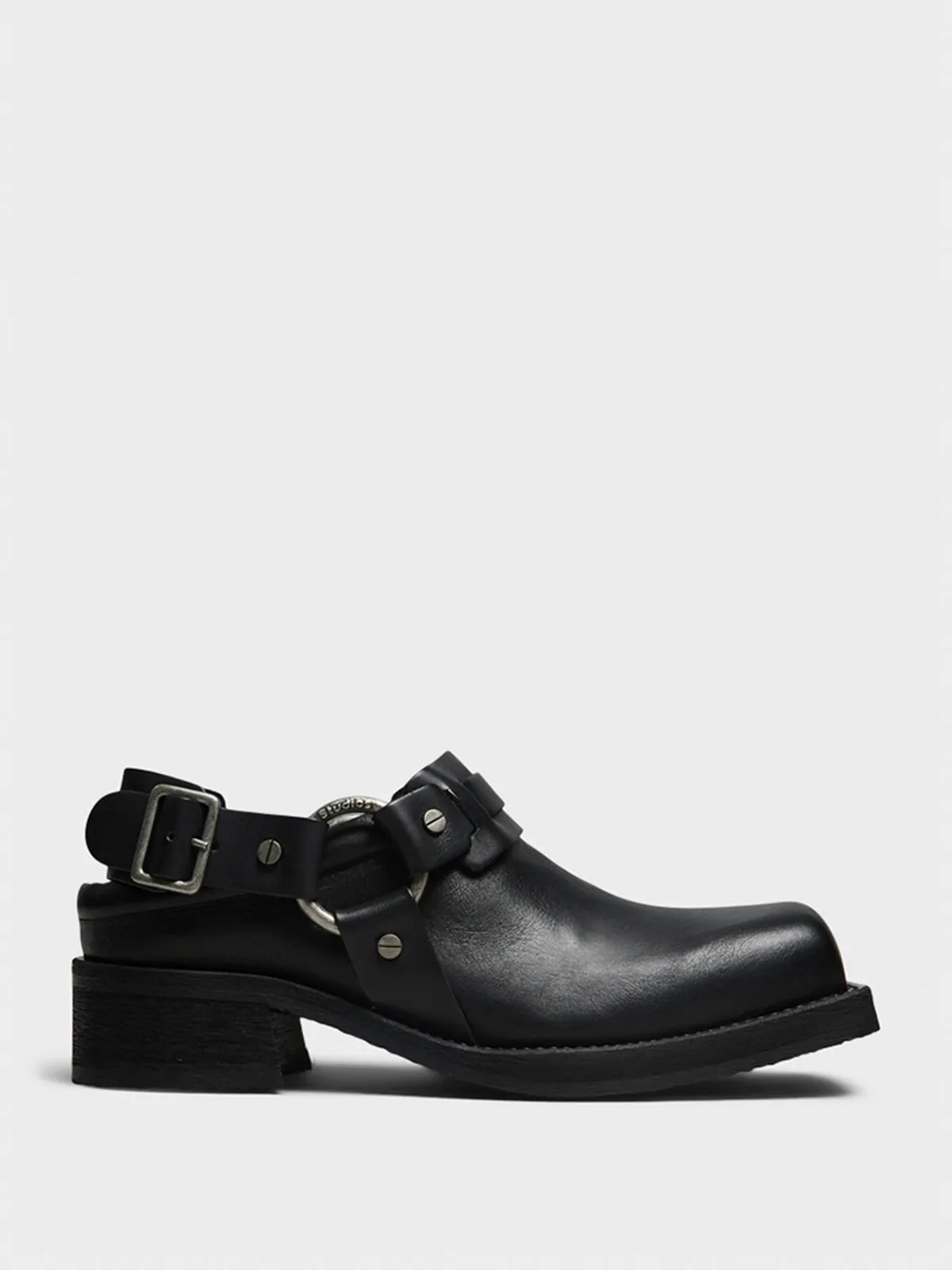 Leather Buckle Mules in Black