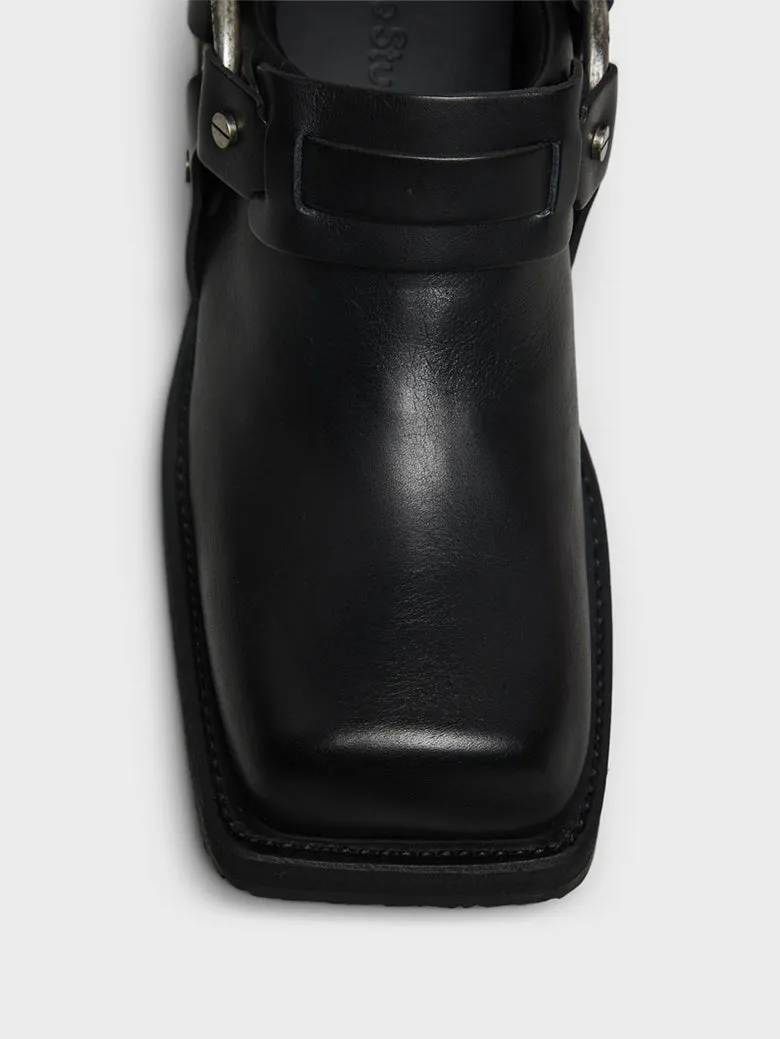 Leather Buckle Mules in Black