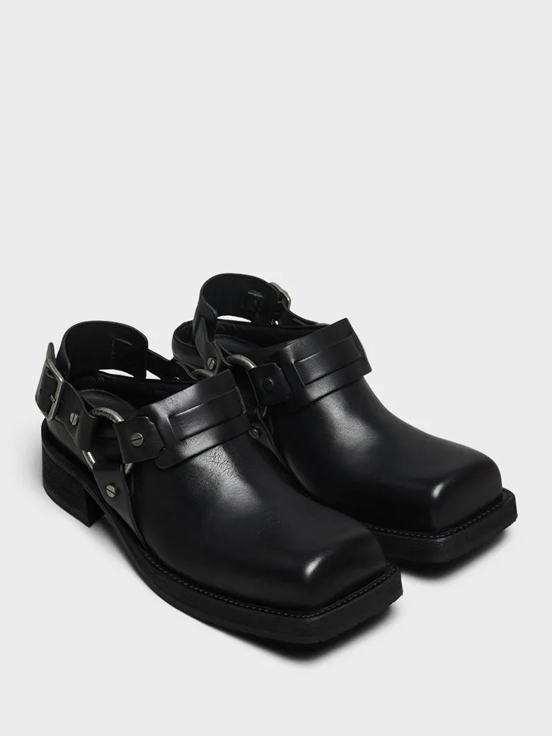 Leather Buckle Mules in Black