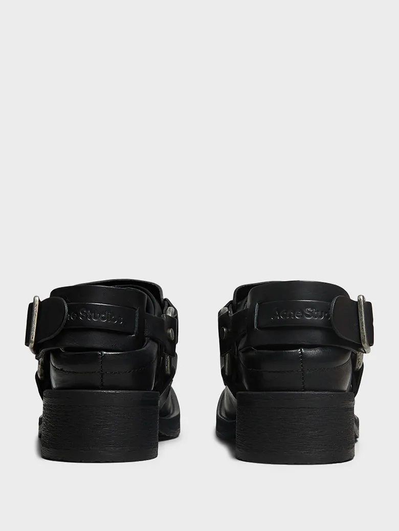 Leather Buckle Mules in Black