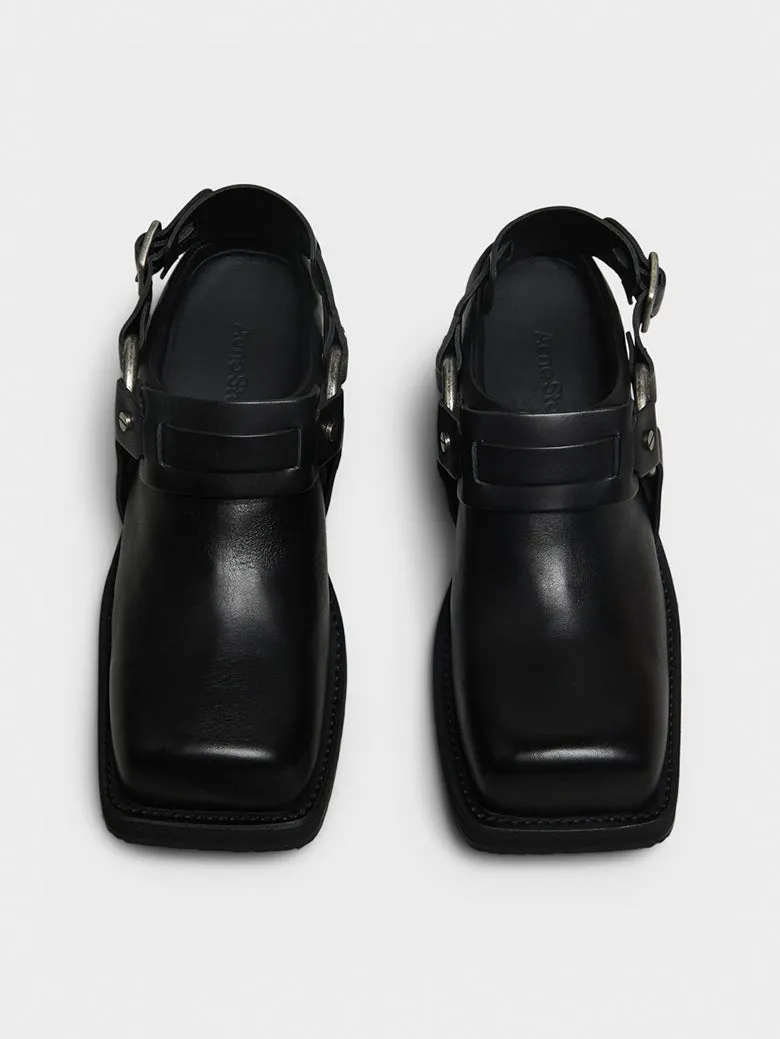 Leather Buckle Mules in Black