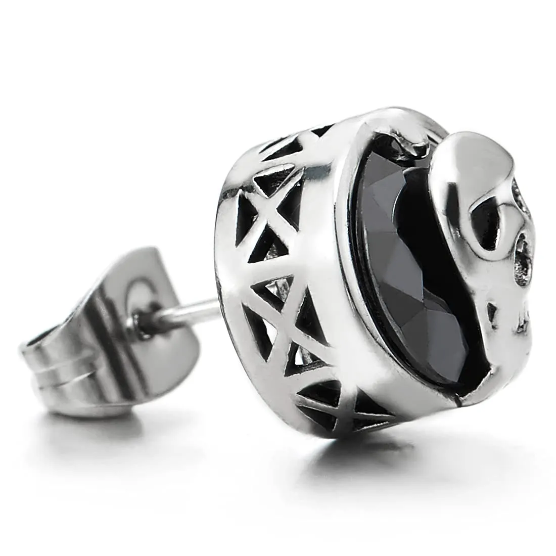 Mens Women Steel Vintage Skull Circle Dome Stud Earrings with Black Faceted CZ, Gothic Rock, 2 pcs