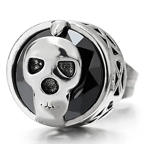 Mens Women Steel Vintage Skull Circle Dome Stud Earrings with Black Faceted CZ, Gothic Rock, 2 pcs