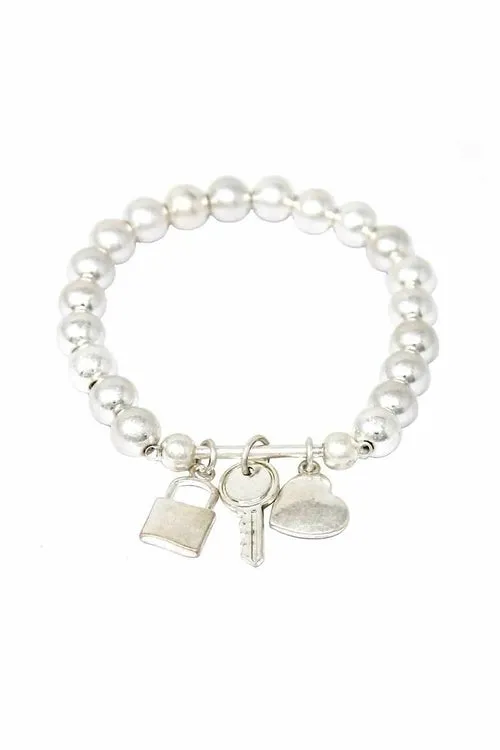 Multi Bead Lock, Key  and Heart Charm Stretch Bracelet