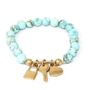 Multi Bead Lock, Key  and Heart Charm Stretch Bracelet