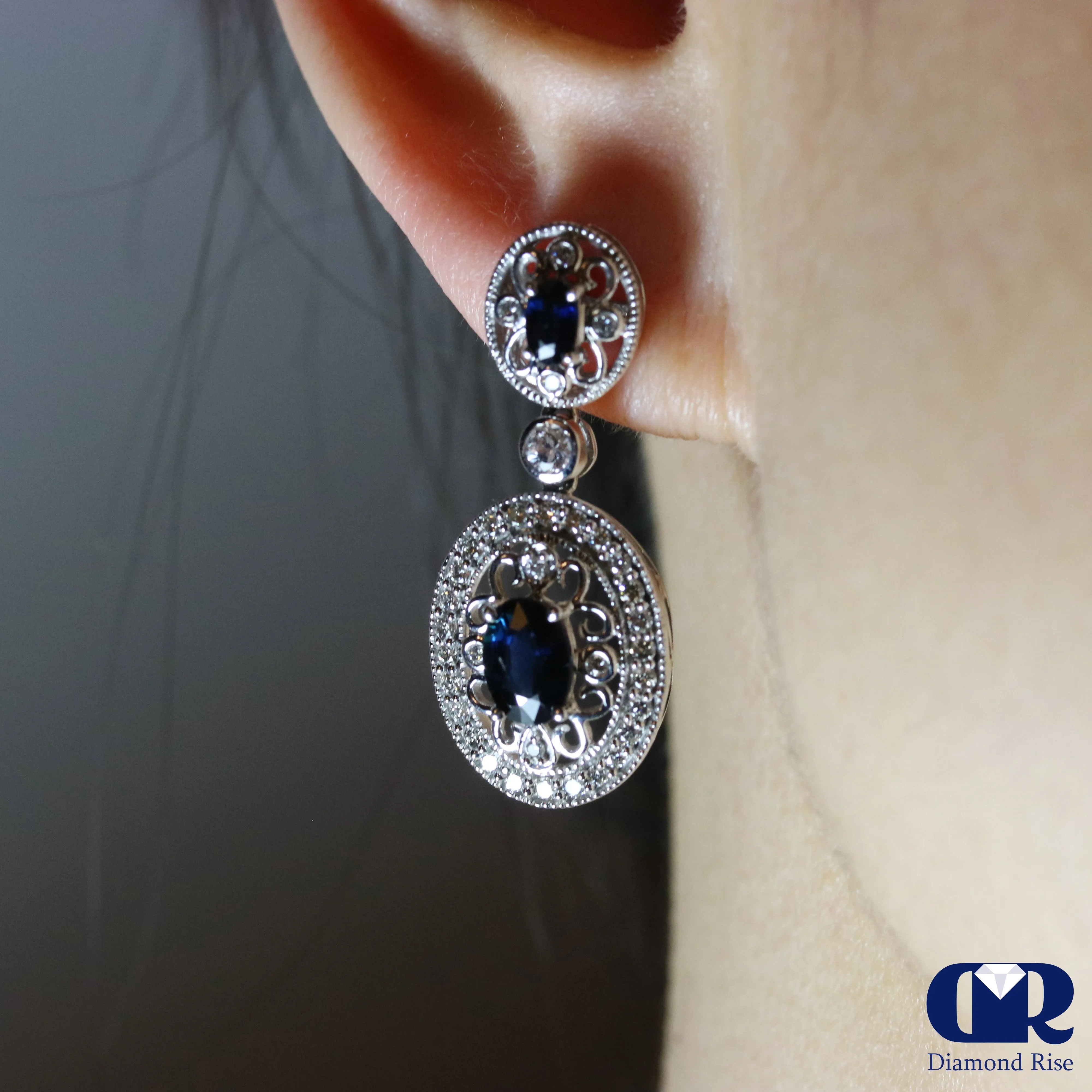 Natural Oval Sapphire & Diamond Drop Earrings In 14K Gold