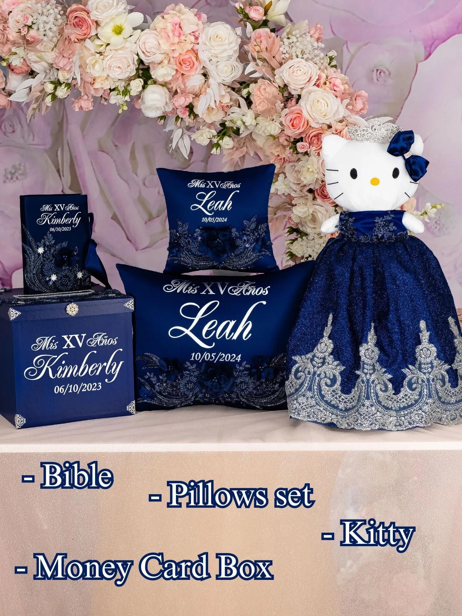 Navy Blue with silver Quinceanera package of Money Card Box, Bible, pillows set and Kitty