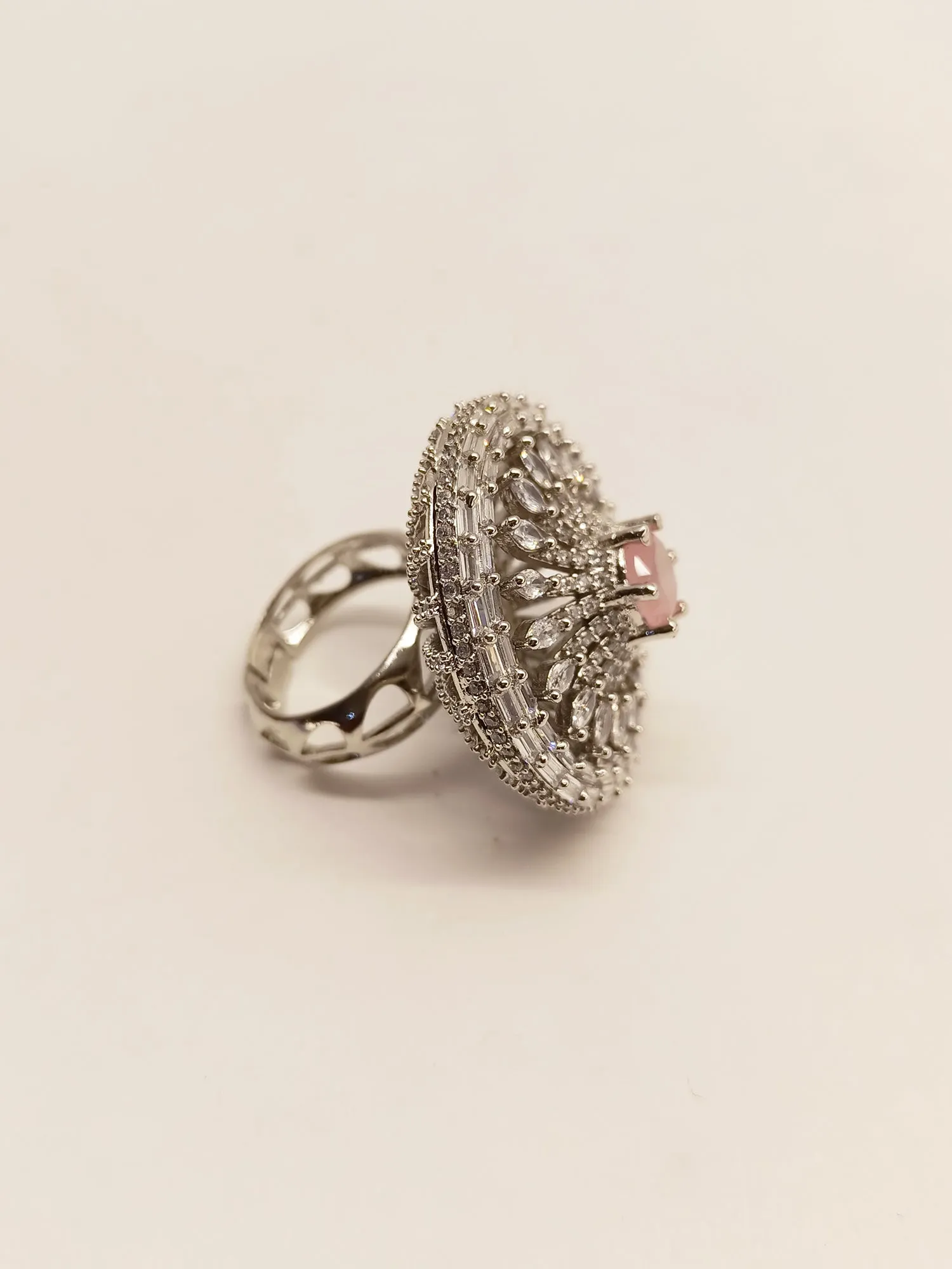 Nilambari Round Baby Pink Silver Ring