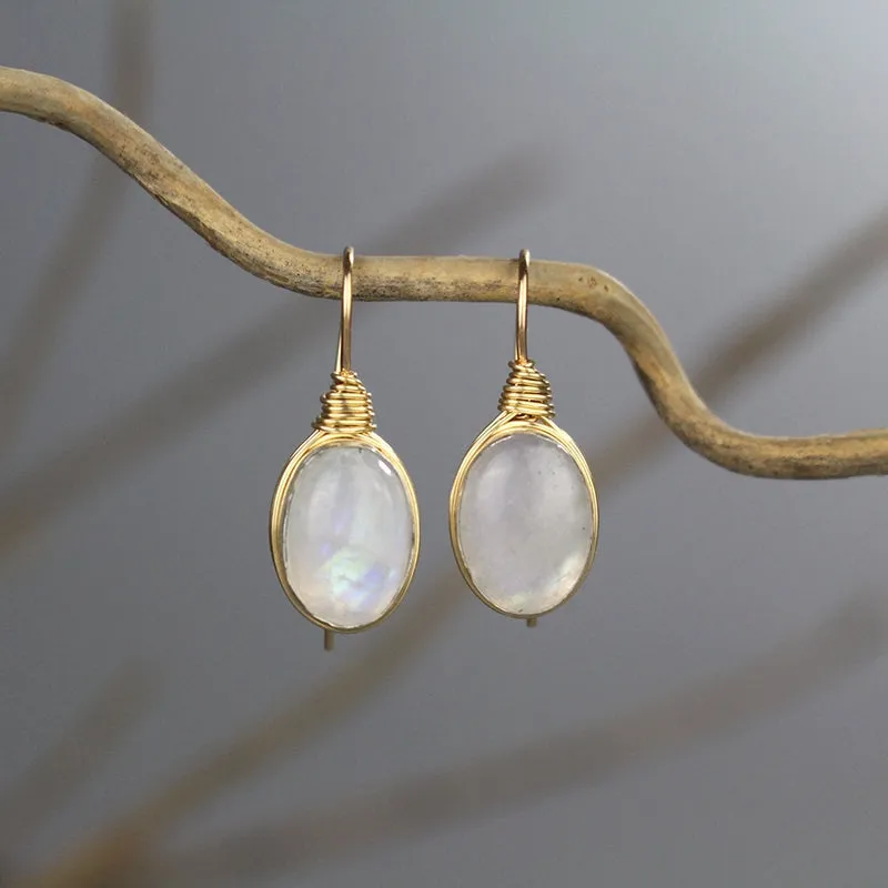 Oval Moonstone Wire Wrapped Earrings