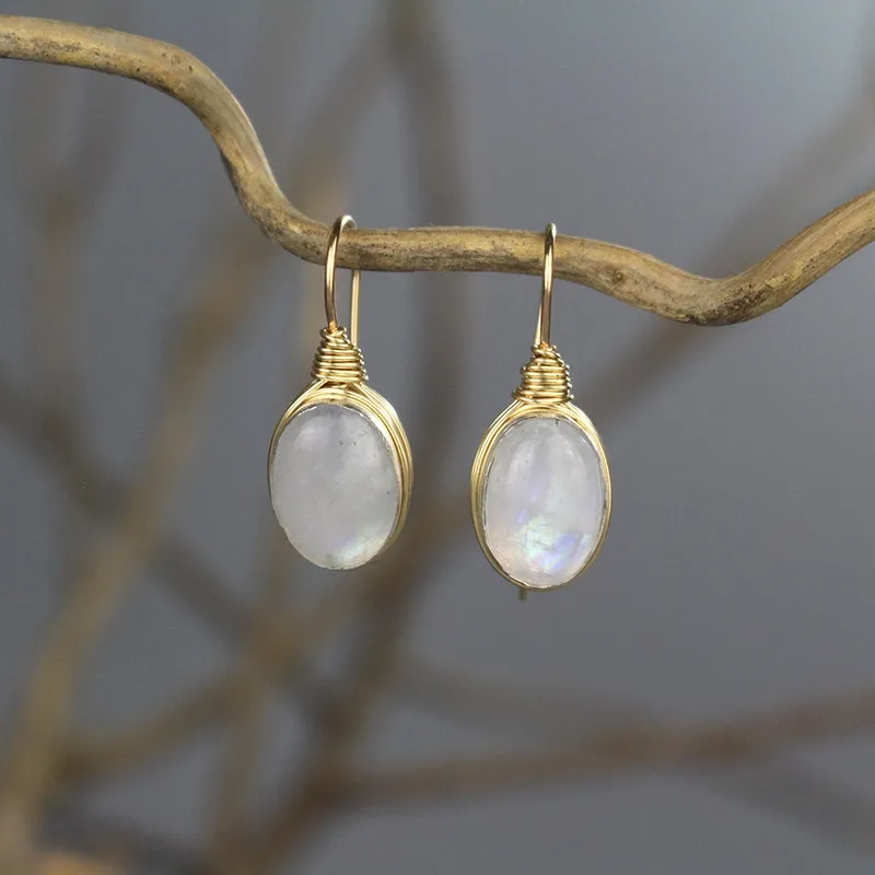 Oval Moonstone Wire Wrapped Earrings