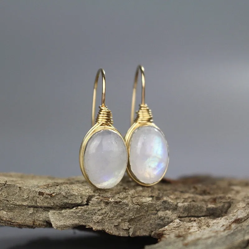 Oval Moonstone Wire Wrapped Earrings