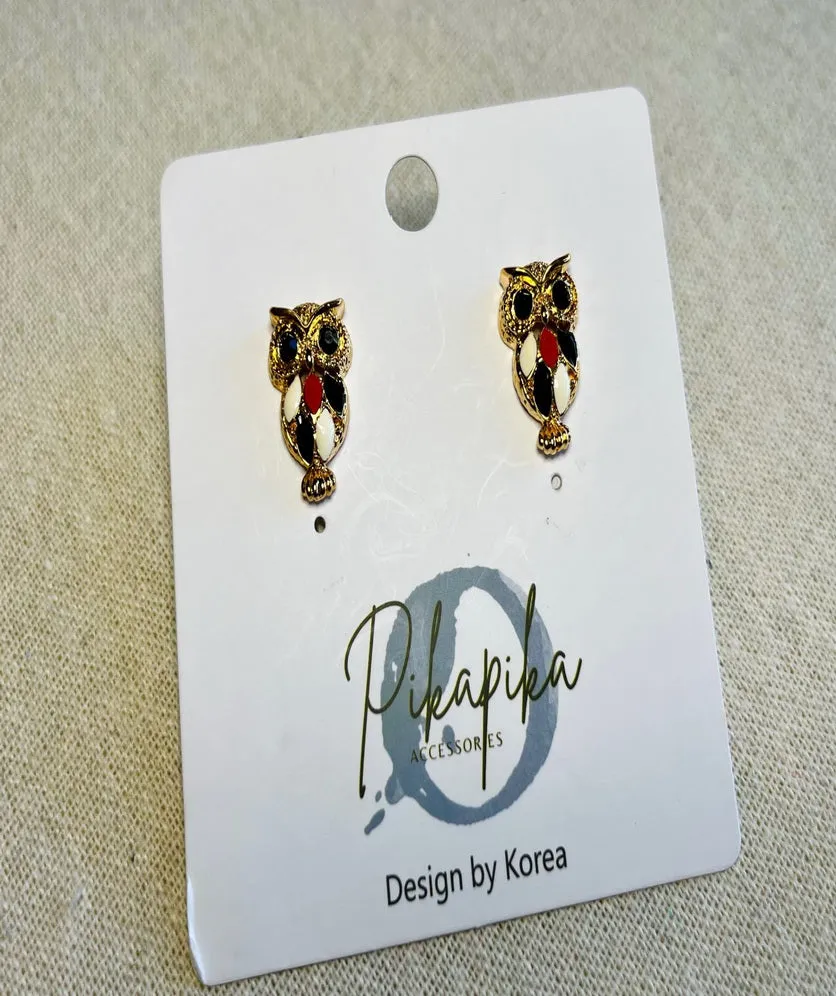 Owl Stud Earrings Colourful Feather