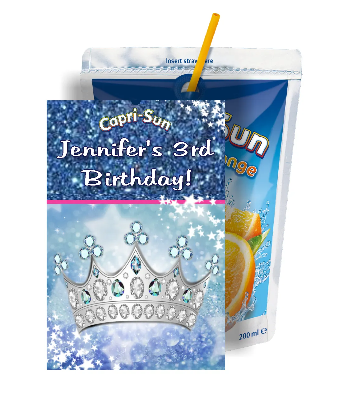 Party Favors Princess Tiara Crown Pink Blue Silver White Birthday Capri Sun Labels Personalized Juice Stickers Supplies ideas